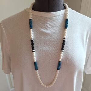 Vintage White, Blue And Black Beaded Long Necklace Circa 1980s